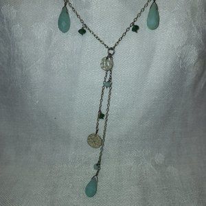 Blue Prehnite & raw emeralds beaded Sterling Lariat necklace